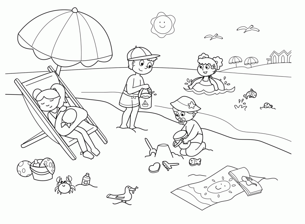 Coloring book of children on the beach in summer